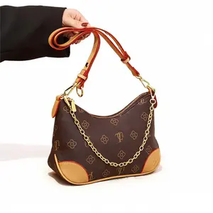 Vintage Monogram Hobo Bag for Women, Chain Strap Crossbody Bag, Classic Luxury Style Shoulder Bag with Zipper Closure, Trendy Crescent Handbag for Daily Use