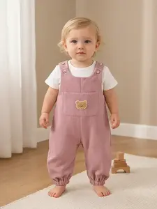 Baby's Cute Bear Patched Pocket Jumpsuit, Solid Sleeveless One Piece Outfit for Newborn Infant Babies, Baby Girl Clothes, Newborn Baby Clothes