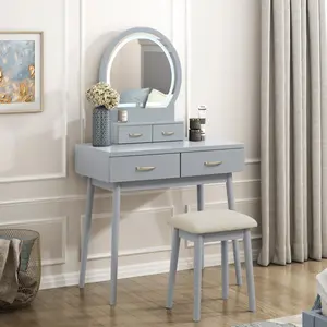 Beautiful Gray Finish Vanity Dresser with Mirror and Stool Set Storage Drawers Luxury Furniture 1pc LED Mirror On-Site
