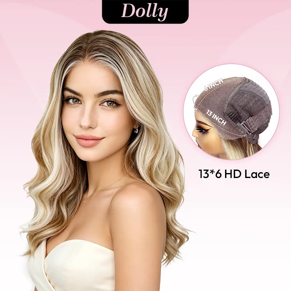 [Dolly] VSIGN Chestnut Root Platinum Ash Balayage Scandi Hairline 16inch Short Wave 13*6 HD Pre-cut lace Free Parting Short Length Low Density Beginner Friendly Breathable Cup Futura Import Synthetic Heat Resistant Fiber Summer Vibes