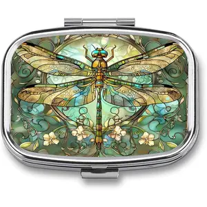 Metal 2 Compartment Pill Organizer Travel Friendly Portable Compact Pill Box Cute Pill Case to Hold Vitamins,Fish Oil,Supplements,Meds,Tablet for Purse,Pocket. (Dragonfly)