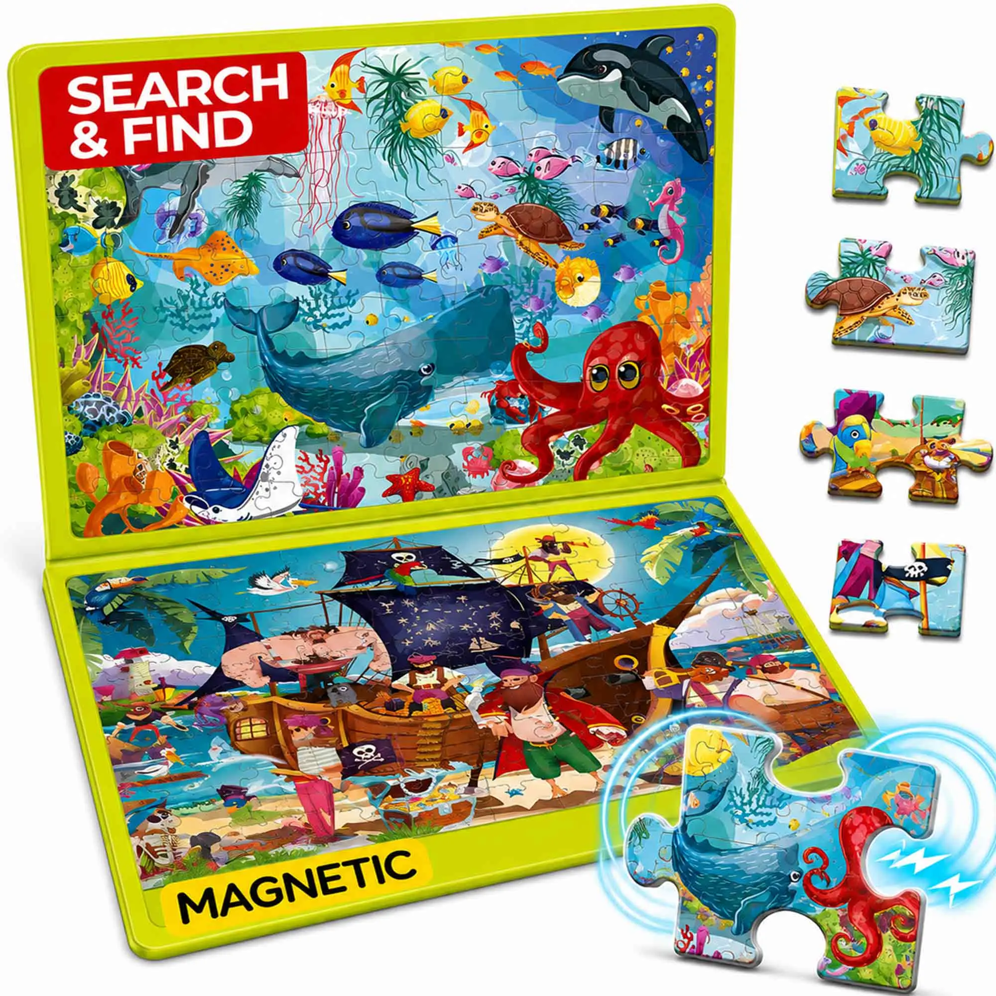 QUOKKA 100-Piece Magnetic Puzzles for 4-6 Years Old Kids - 2-Set Ocean & Pirates Activity Book Toy (12x8 in), Bonus Game, Boosts Focus, Hand-Eye Coordination, Indoor Fun, Screen Time Alternative with Spot-the-Difference Maps
