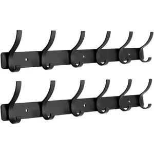 Coat Rack Wall Mounted,6 Coat Hooks for  Coats,Metal Double Hook Rack Hook Rail,Coat Rack with Hooks,Wall Mount Coat Hanger for Hat Towel Purse Robes (2 Pack Black, 6 Hooks)
