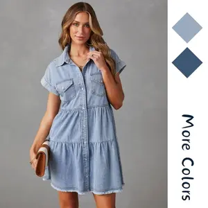 Women Denim Shirt Dresses Short Sleeve Flowy Jean Dresses Button Down Casual Tiered Babydoll Denim Dress