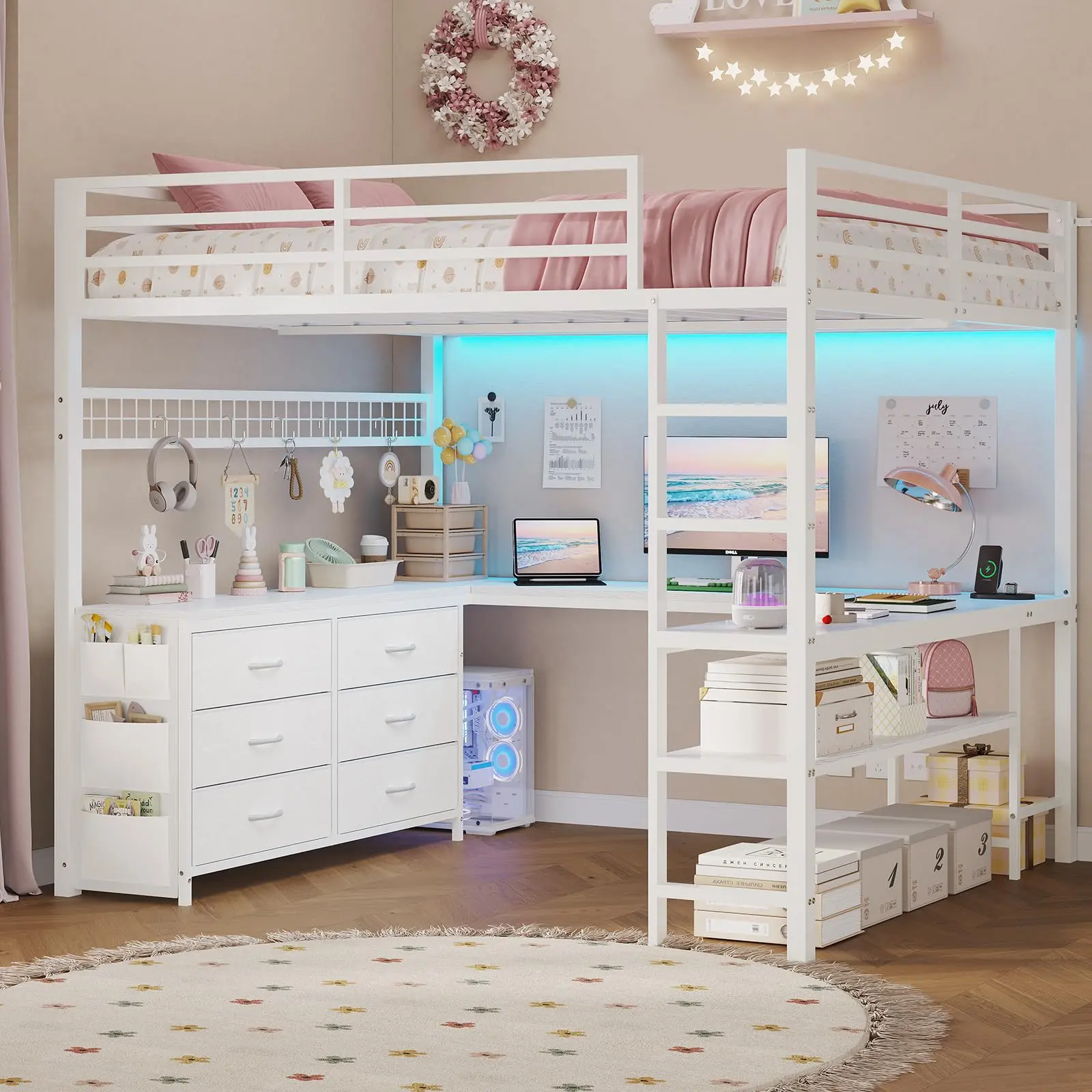 SIKAIC Full Size Loft Bed Frame - All-Metal Heavy Duty Secure Modern Bedroom Furniture Set with U-Shaped Desk, 6 Storage Drawers, Built-In Power & USB Ports, LED Lights, 2 Storage Shelves, Safety Guardrail, Ladder, Space-Saving Design