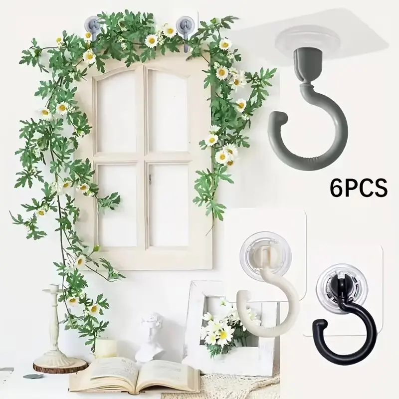 6pcs Adhesive Ceiling Hooks, 30lbs Heavy Duty Ceiling Hooks for Hanging Plants, No Drilling Wall Hook Sticky Hanger for Hanging Lights, Wind Chimes, Lantern, Utility Hooks