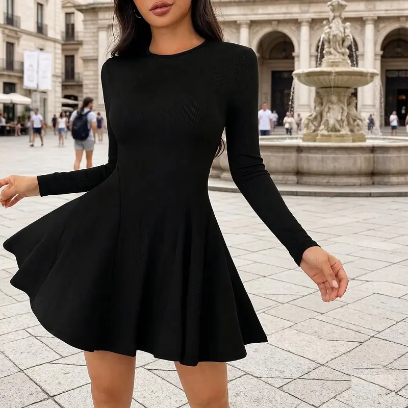 025# Women's Chic Ribbed Knit Sweater Dress, Comfortable A-Line Long Sleeve Crewneck Pullover for Fall Casual Wear, Longsleeves, Full Sleeve, A-Line Dress, Round Neck, Sexy Party, Elevated Basic Casual Dresses