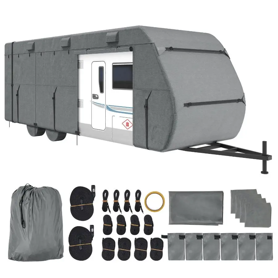 【Summerfinds】  All-Season 300D Oxford Fabric Body Cover for 28-31 ft Class A Travel Trailer/Camper, Waterproof, Windproof, Rip-Stop, with Storage Bag, Repair Patches, Straps, Tire Covers, All Season Cover