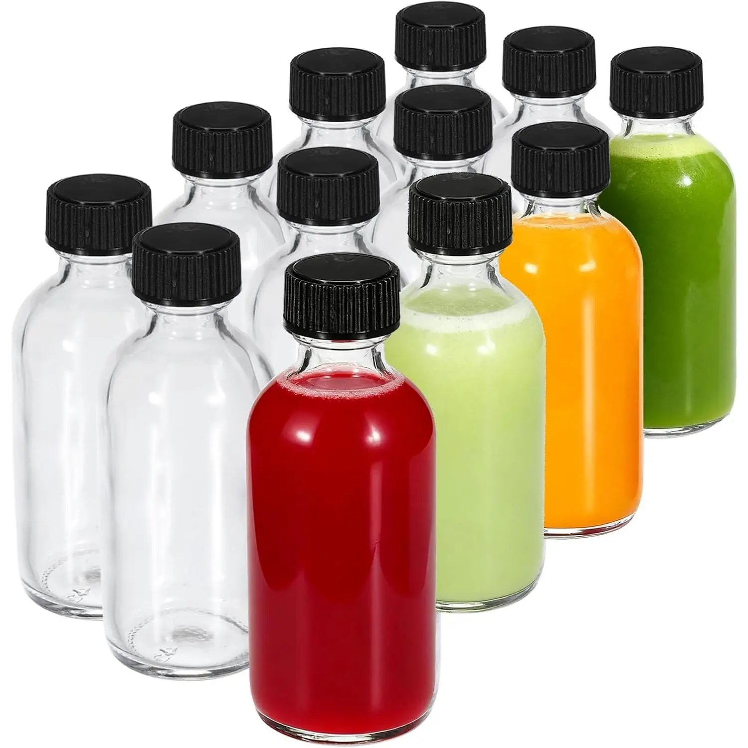 12-Pack 2 oz (60ml) Small Glass Boston Round Bottles with Lids - Leak-Proof Sealable Multi-Use Mini Pocket Travel Glass Storage Bottles & Jars, Maintains Freshness, W/Labels, Funnels & Brushes (for Ginger Shots, Juice), Maintains Freshness Storage Bottles