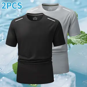 2-pack men’s ice silk fiber T-shirts with a cooling feel, gradient mesh design, moisture-wicking, breathable, quick-drying, high stretch crew neck tops, suitable for fitness, running training, and spring/summer sportswear.,summervibes
