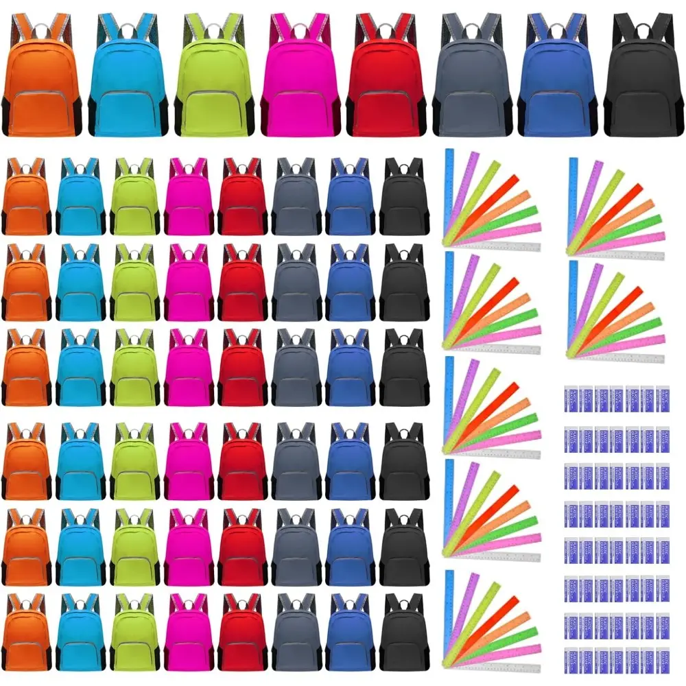 56 Pack Backpacks in Bulk 17 Inches Foldable Lightweight Bookbags for Boys Girls Basic Back with 56 Rulers 56 Erasers for Student Outdoor Travel School Supplies(8 Colors)