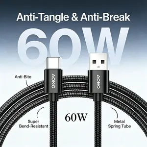 60W USB-A to USB-C Fast Charging Cable, Metal Spring Anti-Bite Design, Ultra Durable & Tangle-Free, Super Bend-Resistant Type-C Charger for iPhone 17/16/15, Samsung Galaxy, Pixel, iPad Pro