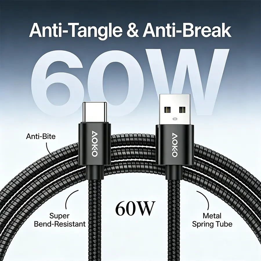 60W USB-A to USB-C Fast Charging Cord for Smartphone, Cellphone, iPhone 17/16/15, Samsung Galaxy, Pixel, iPad Pro - Alloy Shell, Metal Spring Anti-Bite, Ultra Durable, Tangle-Free, Bend-Resistant iOS Connector Accessory, Electronic