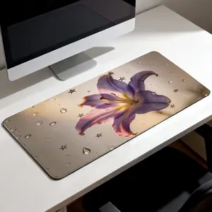Premium Purple Lily With Dew Drops And Glitter Stars Illustration High Quality Mouse Pad Modern Office Gaming Comfort Experience Non Slip Durable For Daily Work And Play 40*80 Size.