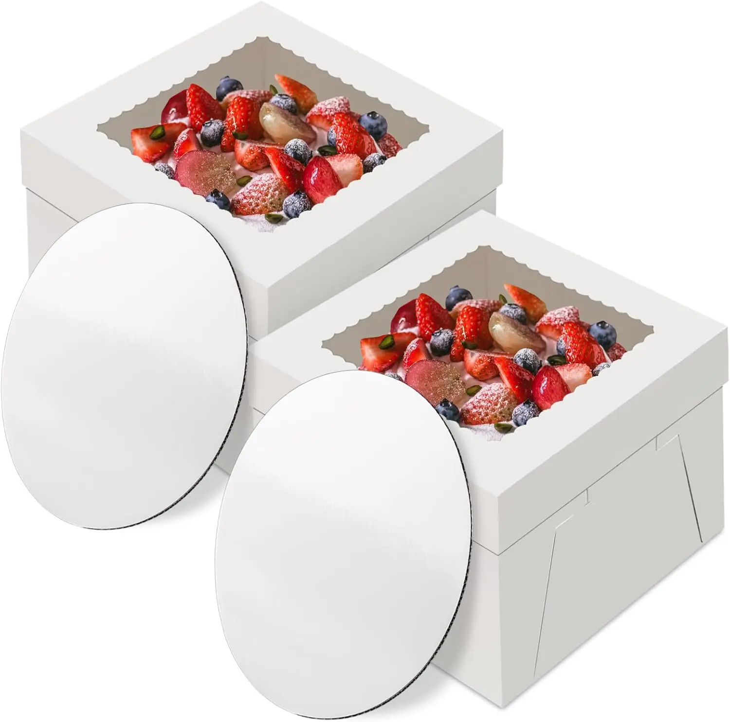 2 Pack Cake Boxes with Cake Boards, 12 Inch Tall Cake Box, Disposable Cake Transport Container, White Cake Carrier Holder for Baked Goods Cookies Dessert Pastry Cupcakes Bakery (12×12×8 Inches)