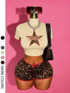Women's Leopard Print Star Letter Print Round Neck Short Tight-Fit Casual Summer Top, Fashionable Everyday Wear & Vacation, Womenswear