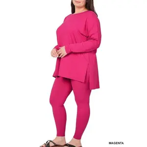 Weekend Play Magenta Long Sleeve Lounge 2piece Set Plus Size Casual Korean Dopamine Loungewear Pajama Nightwear Soft Polyester Spandex Homewear