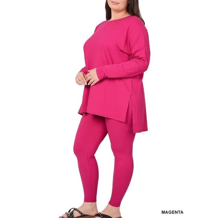 Weekend Play Magenta Long Sleeve Lounge 2piece Set Plus Size Casual Korean Dopamine Loungewear Pajama Nightwear Soft Polyester Spandex Homewear