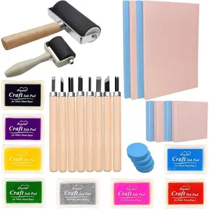 30PCS Rubber Block Stamp Carving Blocks with Cutter Tools and Rubber Brayer Roller Combo Pack for DIY Printmaking and More Crafts