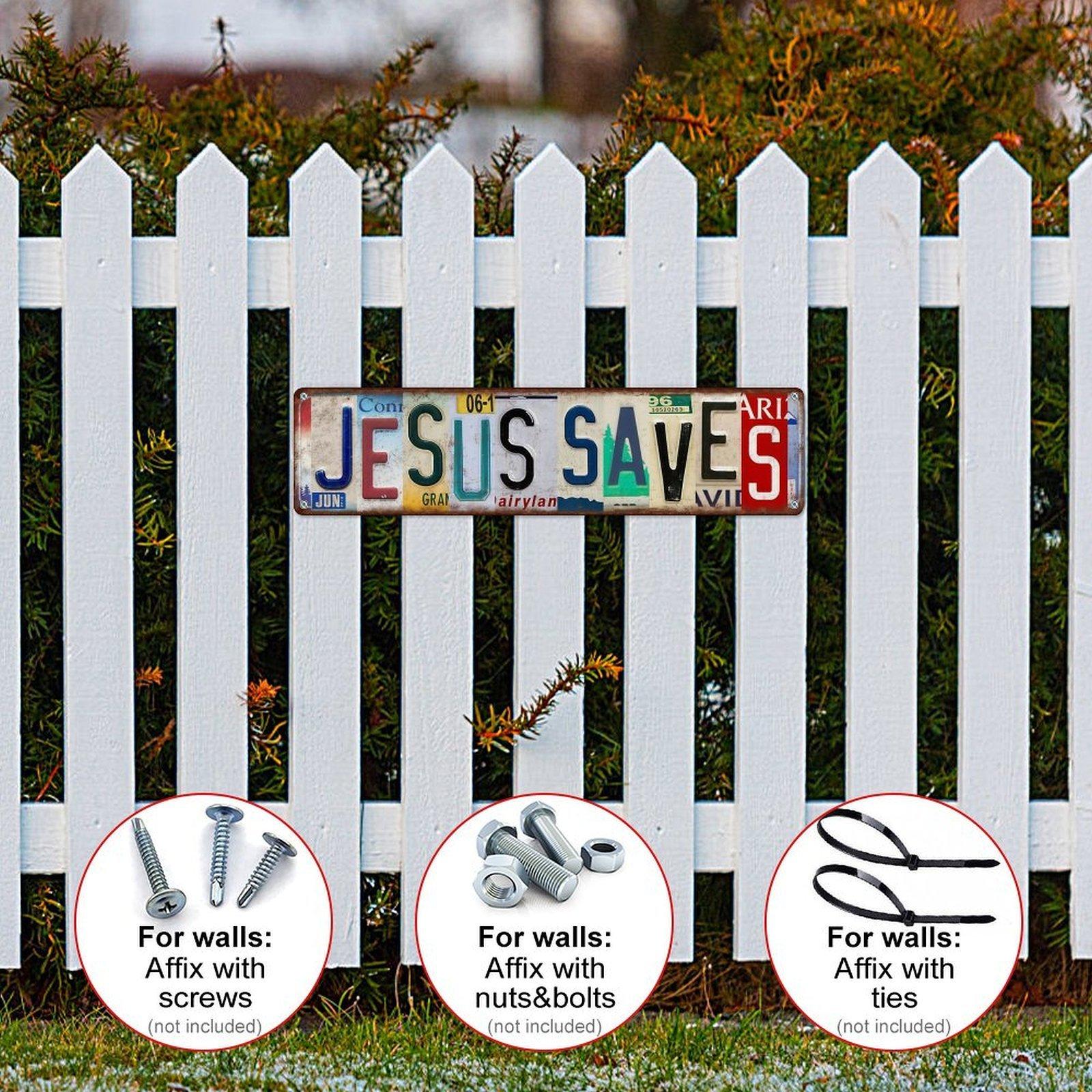 16×4 Inch Jesus Saves Vintage Metal Sign, Retro License Plate Style Christian Aluminum Wall Decor, Pre-drilled Religious Wall Art for Home Garage