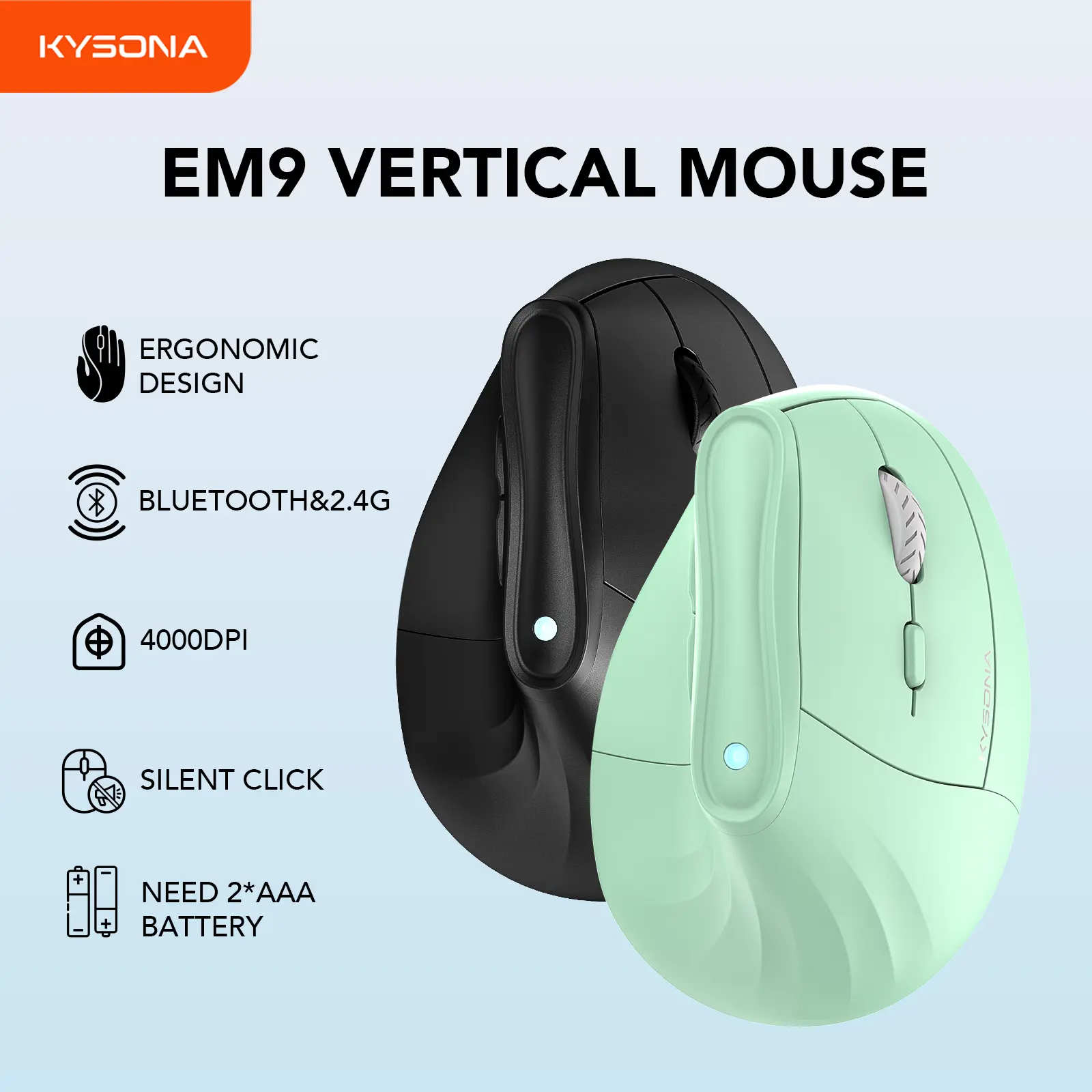 Kysona Vertical Ergonomic Mouse - Finger-Friendly, Bluetooth & 2.4G Wireless, 5-Level Adjustable DPI, Silent Click, for Small Hands, Gaming Accessories, Mouse for Gaming, Compatible with PC/Laptop/Computer Office, 2*AA Battery Required, Optical