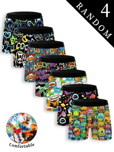 Men's Briefs 4-Pack Random Assortment, Graffiti Omg Cartoon Colorful Monster Prints, Fashion Shorts, Breathable Comfort Fit, Youth Waist