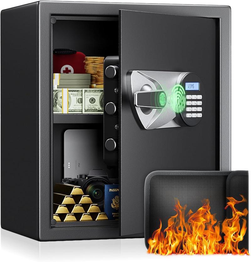 Large Home Safe Box 2.0 Cub Biometric Safe Fingerprint Recogntion Security Safe with Removable Shelf LED Light Fireproof Bag Wall Mount Cabinet Safe for Home Office Hotel