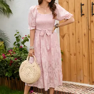 Sissyaki Women's Square Neck Tiered Long Dress Short Sleeve High Waist Smocked Midi Dress Breathable Casual Chiffon Fashion Summer Womenswear Boho Check Floral Flowy bubbledressbridesmaid sweetheart plain casual dresses Light Ruffle Lady Stretchy