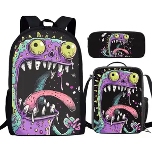 Monster Backpack for Boys Lightweight 17 Inch Bookbag for Boys 8-12 Ages Black Lunch Bag with Drink Pocket Large Capacity School Bag Back to School Gifts 4 in 1