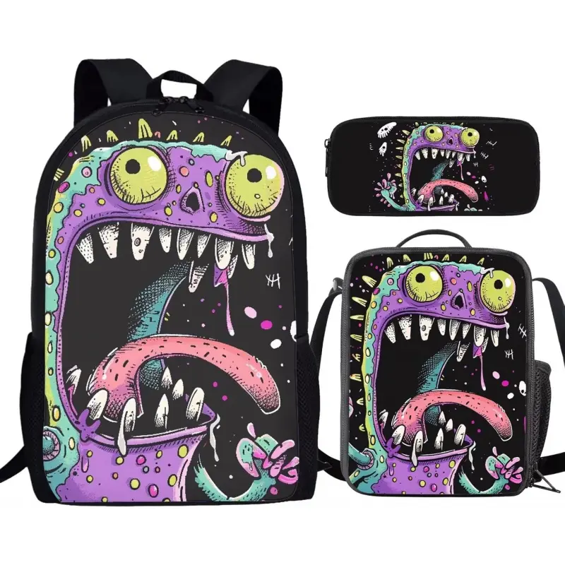 Monster Backpack for Boys Lightweight 17 Inch Bookbag for Boys 8-12 Ages Black Lunch Bag with Drink Pocket Large Capacity School Bag Back to School Gifts 4 in 1
