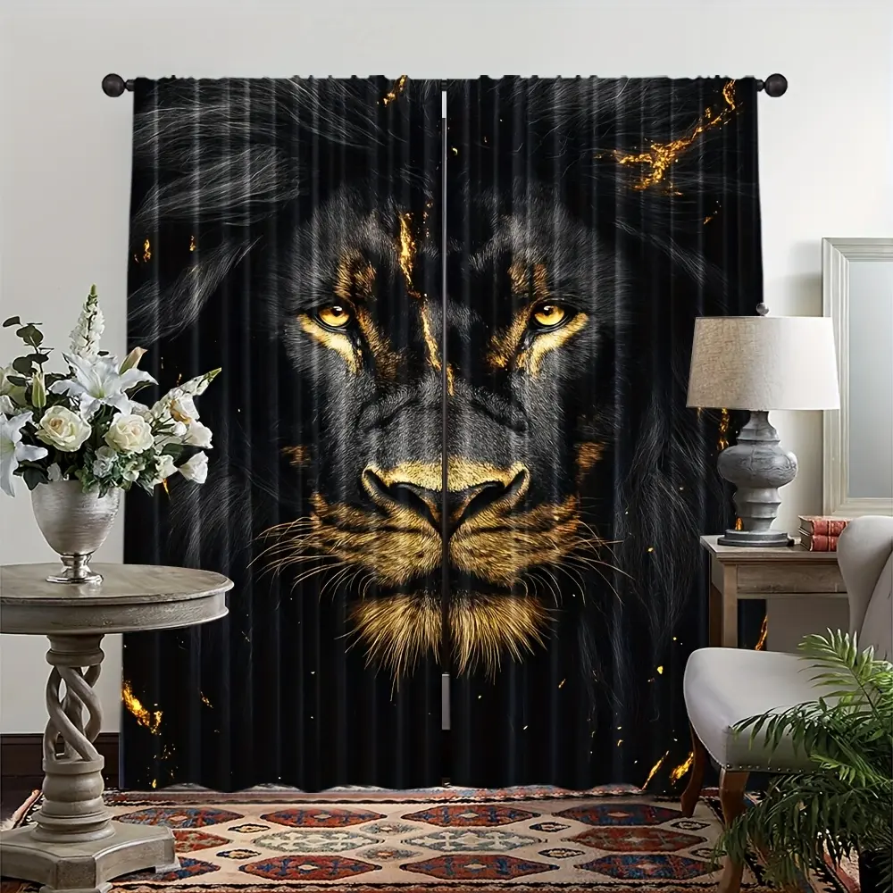 2-Piece set, Bohemian style abstract black and gold lion black print curtains, durable rod pocket design, suitable for bedroom, office, kitchen, living room and study home decoration, room decoration, Home Decorative Curtain, Window Curtain