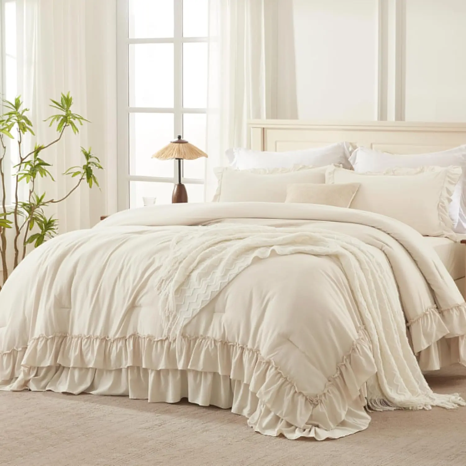 Super King Ruffle Comforter, 3 Farmhouse, Lightweight Oversized California King Comforter 128x120 (1 Comforter 2 Pillowcases), Beige
