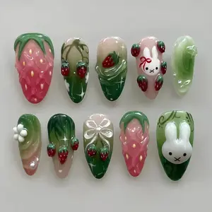 New Seasonal 24pcs Almond Shape Gradient Strawberry Rabbit Bow Nail Art, Quick Easy Apply, Reusable Press-On Nails for Women