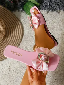 Women's Satin Bow Casual Sandals, Square Toe Flat Outdoor Shoes, Fashion Versatile Comfortable Slip-Ons, Stylish One-Piece Slippers, Daily Fashion Footwear