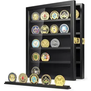 Military Challenge Coin Display Case, Wall Mount Coin Display Holder with Removable Shelves, Shadow Box for Medals Pins Badges and Buttons