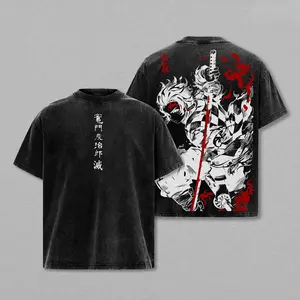 Tanjiro Kamado T-Shirt – Demon Slayer Kimetsu no Yaiba Vintage Washed Oversized Heavy Cotton Anime Manga Tee, Unisex Streetwear Retro Graphic Top Gift for Otaku Fans