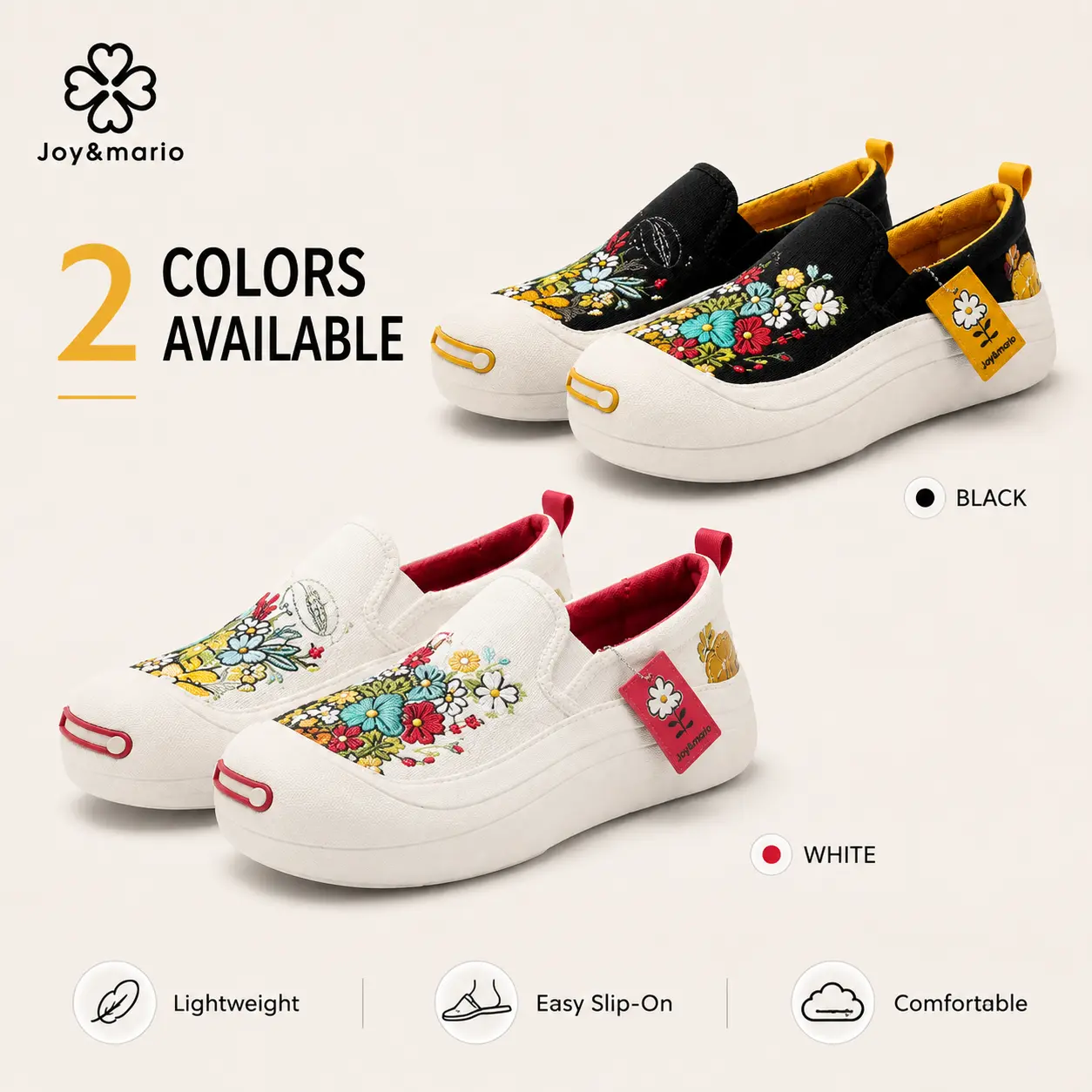 JOY&MARIO Women's Floral Slip-On Sneakers, Lightweight Casual Canvas Shoes, Low Top Walking Shoes for Everyday Travel
