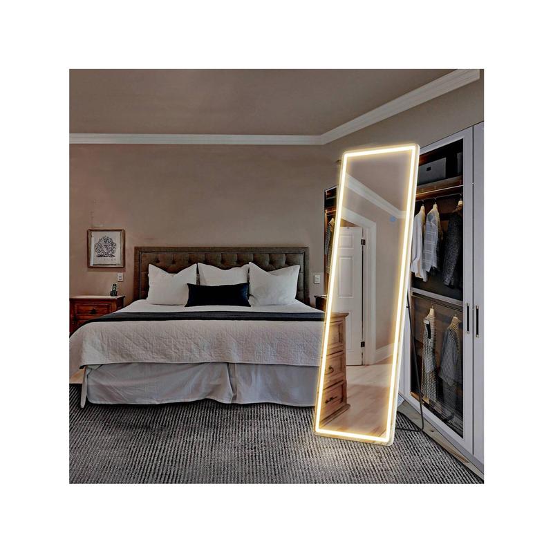 64"X 21" Full Length Mirror With LED Lights Full Body Floor W/Dimming 3 Color Lighting Mirrors Lighted Standing Hanging Tall With Stand Aluminum Thin Frame For Living Room, Home
