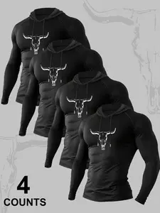 Men's Heavyweight Hooded Long Sleeve T-Shirt Set, Cow Print, Premium Fabric, Fitted, Casual & Sporty, Spring & Fall Wear, Bull
