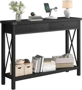 Garvee Furniture Console, Entry Console with 2 Drawers, Wooden Sofa Table with Shelf, X-shaped Frame, Metal Corner Protectors, for Hallway, Living Room, Entryway, Black, 109 x