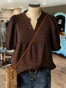 Plus Size Women's V-Neck Ditsy Blouse, Bubble Sleeve Waist-Cropped Shirt, Loose Fit, Casual Spring & Fall Top, European Style, Daily Wear