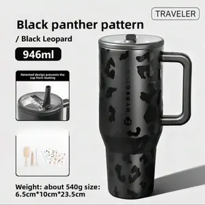 HydroJug Black Leopard Pattern 40 oz. Handle-Attached Flip-Lid Drinking Cup - Comes with a handle and a flip-top stainless steel water bottle.