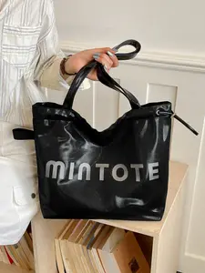 Fashion casual large-capacity drawstring tote shoulder bag, simple letter print handbag for daily commute