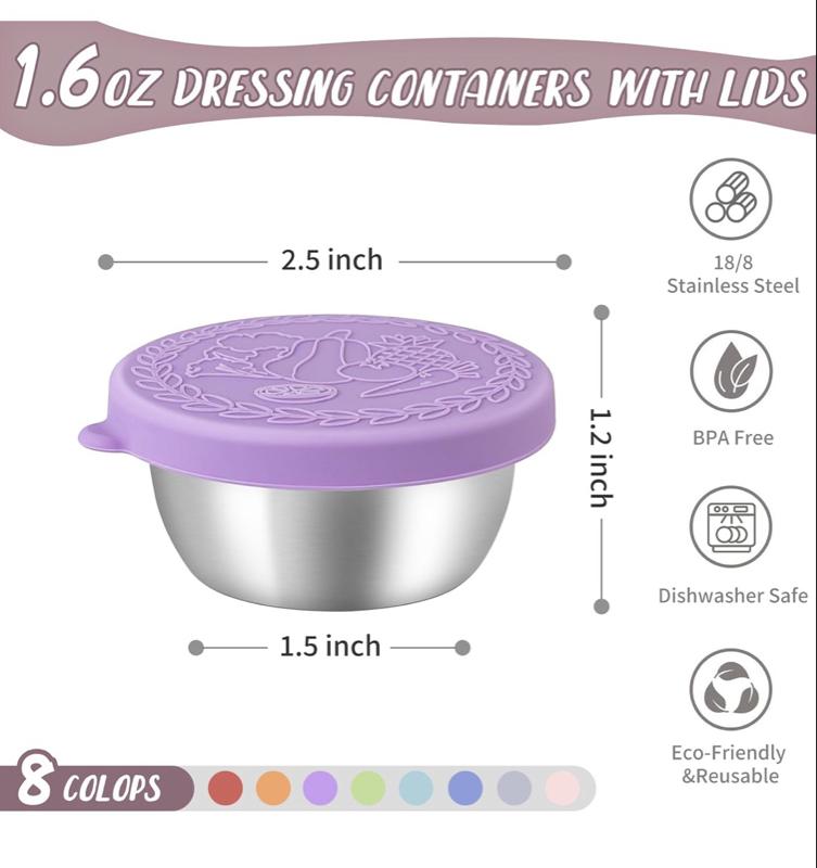 8 Pack - 1.6 Oz Small Salad Dressing Containers To Go, Leakproof Condiment Containers with Lids Reusable Stainless Steel Sauce Cups for Lunch Boxes Kitchen Storage Picnics Travel Meal Prep