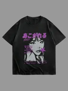 ROMWE MEN Anime Spring/Summer Casual Graphic Men Short Sleeved Y2K T-Shirt With Slogan/Character Print For Summer, School, Emo, 2000S Style Menswear Top Tshirt Streetwear Crewneck Tropical Shortsleeve