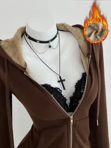 Women's Fleece Hoodie Sweatshirts with Drawstring Pocket, Long Sleeve, Slim-Fitting Y2K Style, Fall & Winter Fashion, Plain Pattern, Casual Wear