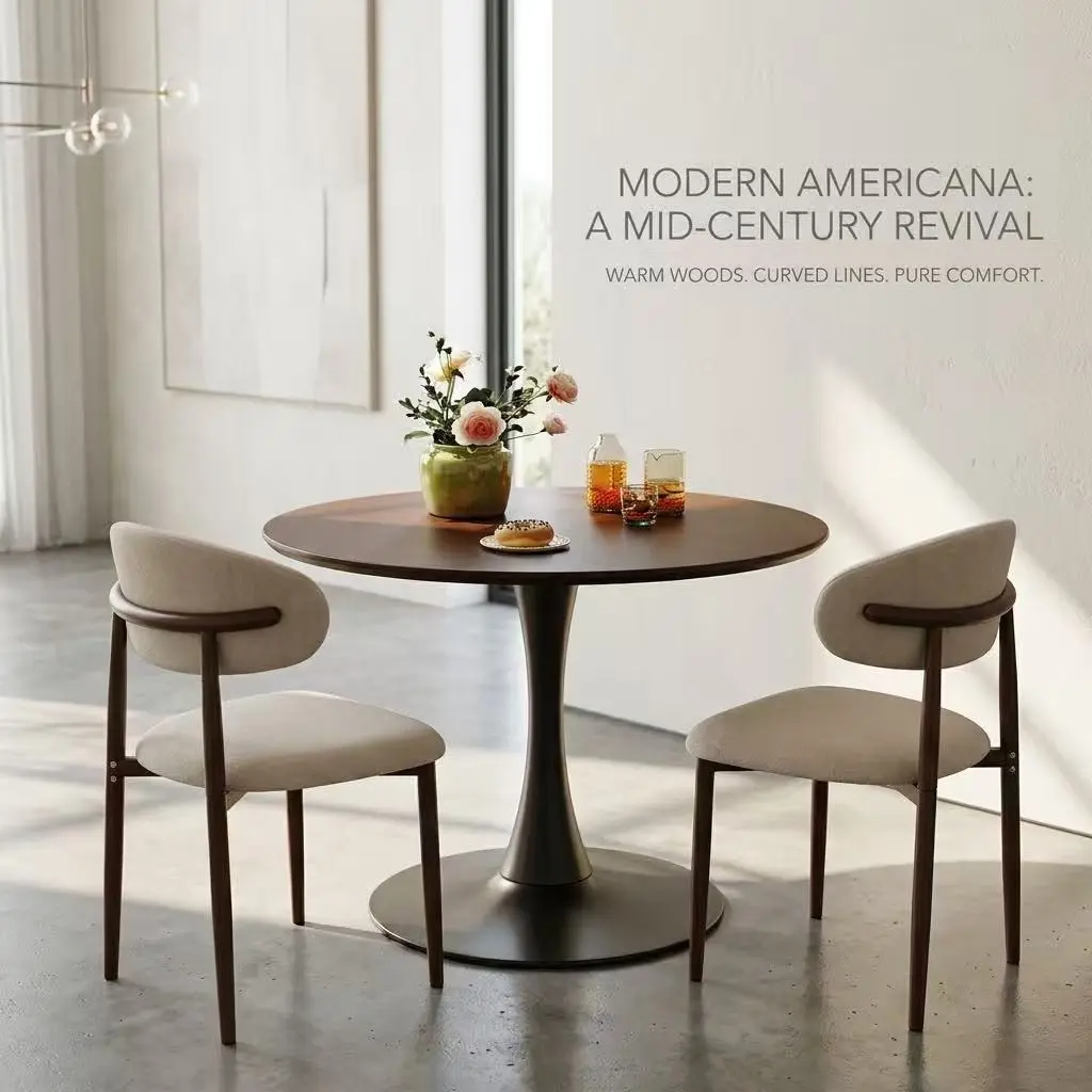 3-Piece Dining Table Set with 2 Upholstered Chairs – Ships in 2 Boxes, 31.5" Round Tulip Table with Metal Pedestal, Mid-Century Modern Bistro Set for Kitchen, Small Spaces, Cafe, Walnut， breakfast nook