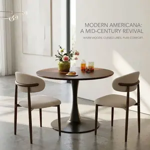 3-Piece Dining Table Set with 2 Upholstered Chairs – Ships in 2 Boxes, 31.5" Round Tulip Table with Metal Pedestal, Mid-Century Modern Bistro Set for Kitchen, Small Spaces, Cafe, Walnut， breakfast nook