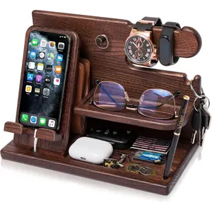 Phone Docking Station for Men - Desk or Nightstand Organizer - Birthday Gifts for Husband, Dad - Anniversary Idea from Wife - Key Holder, Stand Wallet, Watch & Essentials ( Brown)