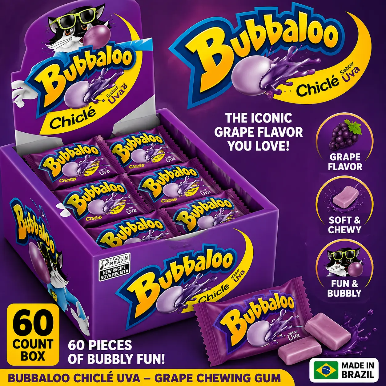 Bubbaloo Brazil Import Chicle Grape Chewing Gum 60 Count Box Filled Bubble Gum Candy